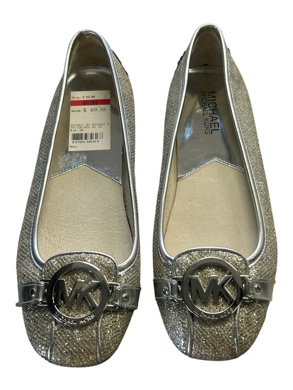Michael Kors Fulton Moccasin Ballet Flat Silver Metallic Glitter Finish Sz 7M
